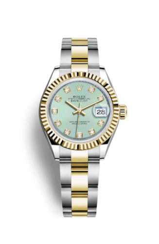 Rolex 279173-0016 : Lady-Datejust 28 Rolesor Yellow Fluted / Oyster / Mint Green Tuxedo