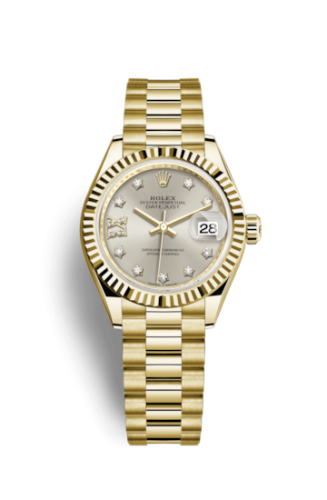 Rolex 279178-0002 : Lady-Datejust 28 Yellow Gold Fluted / President / Silver Diamond