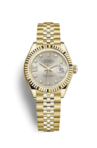 Rolex 279178-0004 : Lady-Datejust 28 Yellow Gold Fluted / Jubilee / Silver Diamond