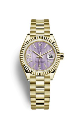 Rolex 279178-0011 : Lady-Datejust 28 Yellow Gold Fluted / President / Lilac Diamond