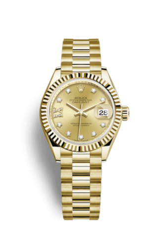 Rolex 279178-0013 : Lady-Datejust 28 Yellow Gold Fluted / President / Champagne Diamond