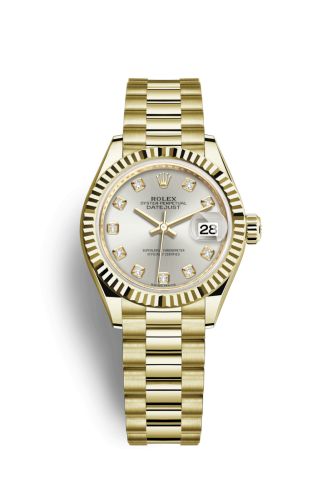 Rolex 279178-0015 : Lady-Datejust 28 Yellow Gold Fluted / President / Silver Diamond