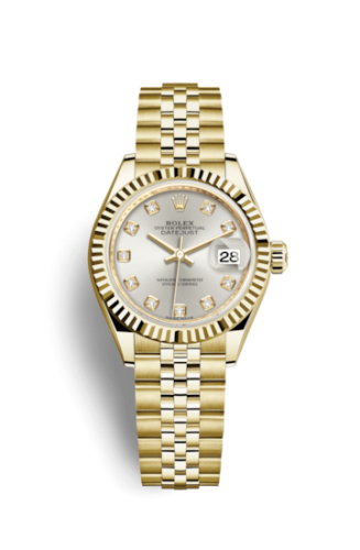 Rolex 279178-0016 : Lady-Datejust 28 Yellow Gold Fluted / Jubilee / Silver Diamond