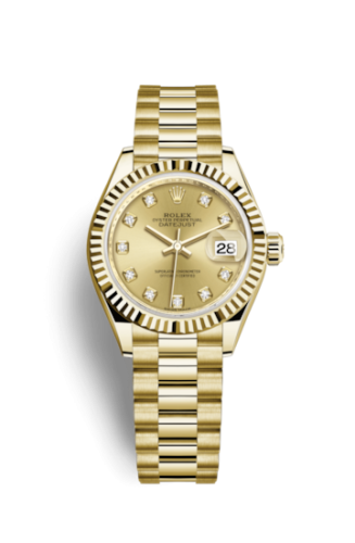 Rolex 279178-0017 : Lady-Datejust 28 Yellow Gold Fluted / President / Champagne Diamond