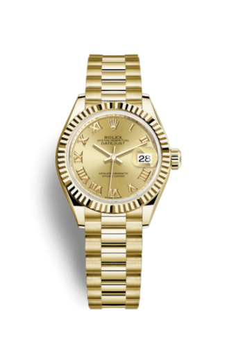 Rolex 279178-0022 : Lady-Datejust 28 Yellow Gold Fluted / President / Champagne Roman