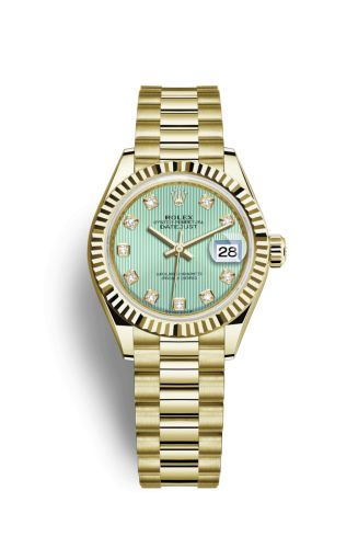 Rolex 279178-0027 : Lady-Datejust 28 Yellow Gold Fluted / President / Green Diamond