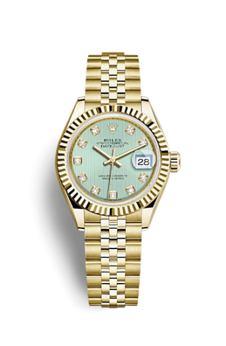 Rolex 279178-0028 : Lady-Datejust 28 Yellow Gold Fluted / Jubilee / Green Diamond