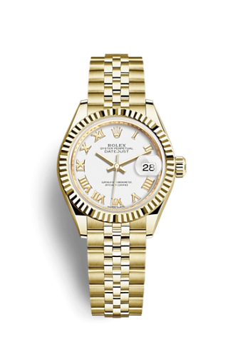 Rolex 279178-0030 : Lady-Datejust 28 Yellow Gold Fluted / Jubilee / White Roman