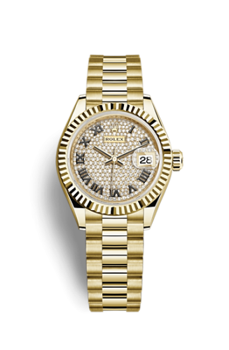 Rolex 279178-0031 : Lady-Datejust 28 Yellow Gold Fluted / President / Paved Roman