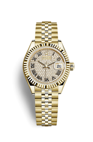Rolex 279178-0032 : Lady-Datejust 28 Yellow Gold Fluted / Jubilee / Paved Roman