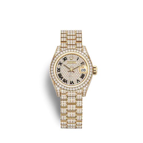 Rolex 279458RBR-0001 : Lady-Datejust 28 Yellow Gold / Diamond / Paved - Roman / President