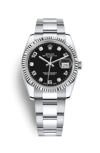 Rolex 115234-0011 : Oyster Perpetual Date 34 Stainless Steel Fluted / Oyster / Black Arabic