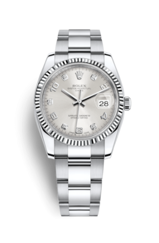 Rolex 115234-0012 : Oyster Perpetual Date 34 Stainless Steel Fluted / Oyster / Silver Arabic
