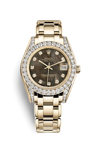 Rolex 81158-0066 : Datejust Pearlmaster 34 Yellow Gold Diamond Shoulders Black Mother of Pearl Diamonds