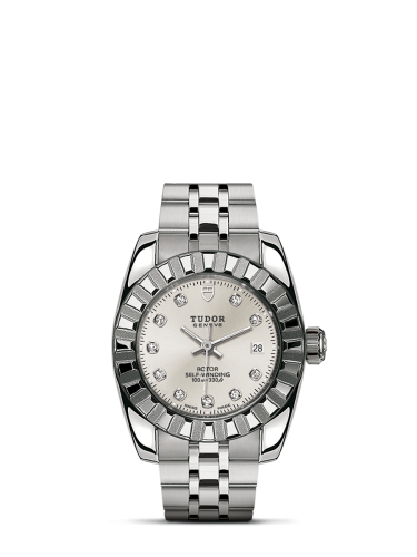 Tudor 22010-0009 : Classic 28 Stainless Steel / Fluted / Silver-Diamond / Bracelet