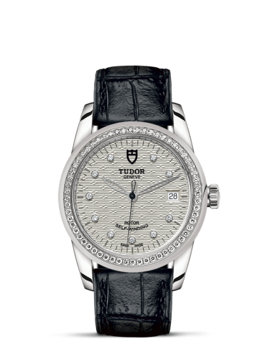 Tudor 55020-0060 : Glamour Date 36 Stainless Steel / Diamond / Jacquard Silver-Diamond / Strap