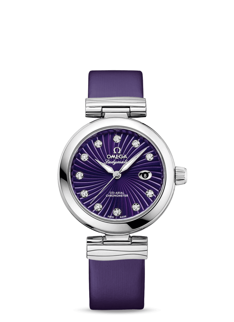 purple and black omega watch