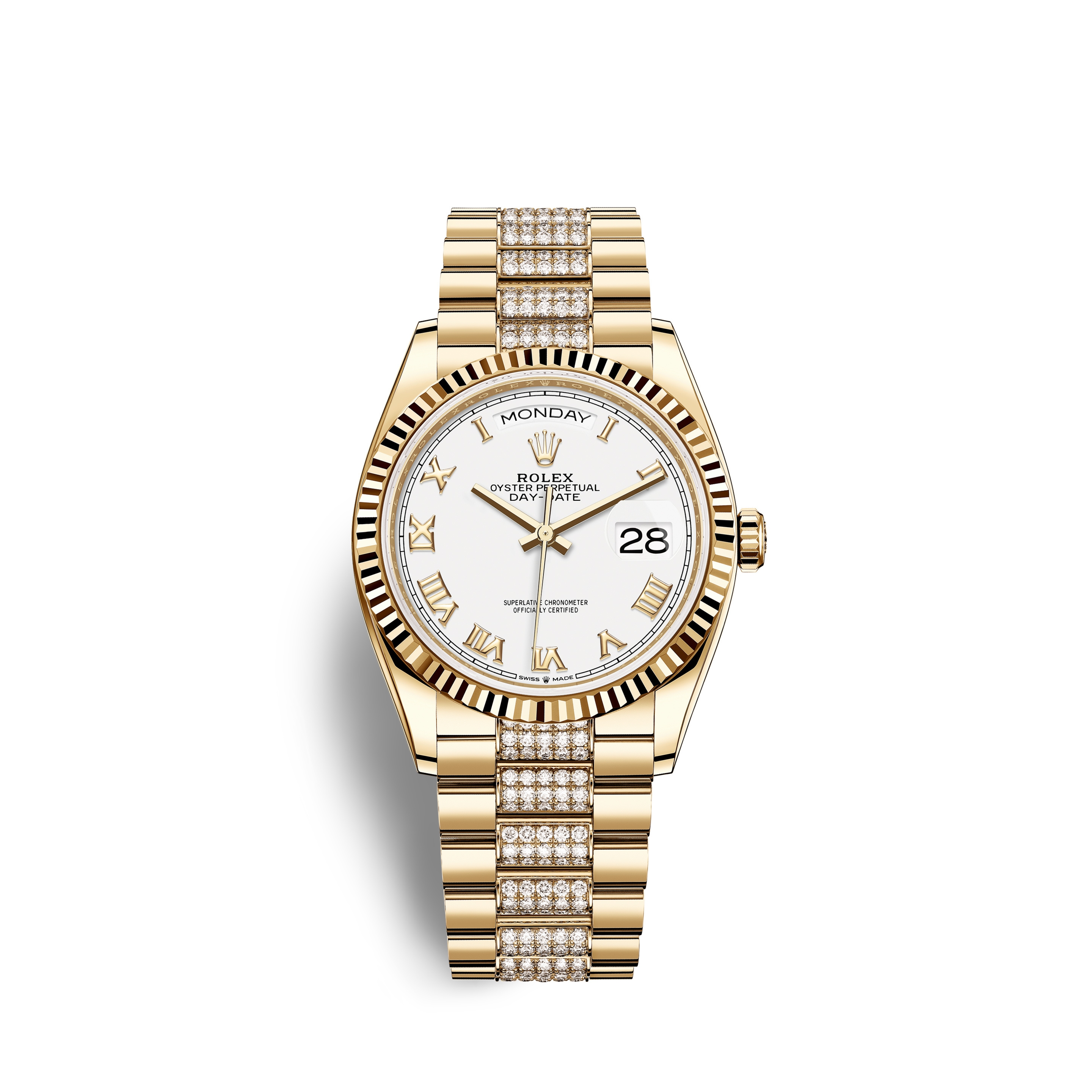 Rolex 128238-0077 : Day-Date 36 Yellow Gold / Fluted / White - Roman ...